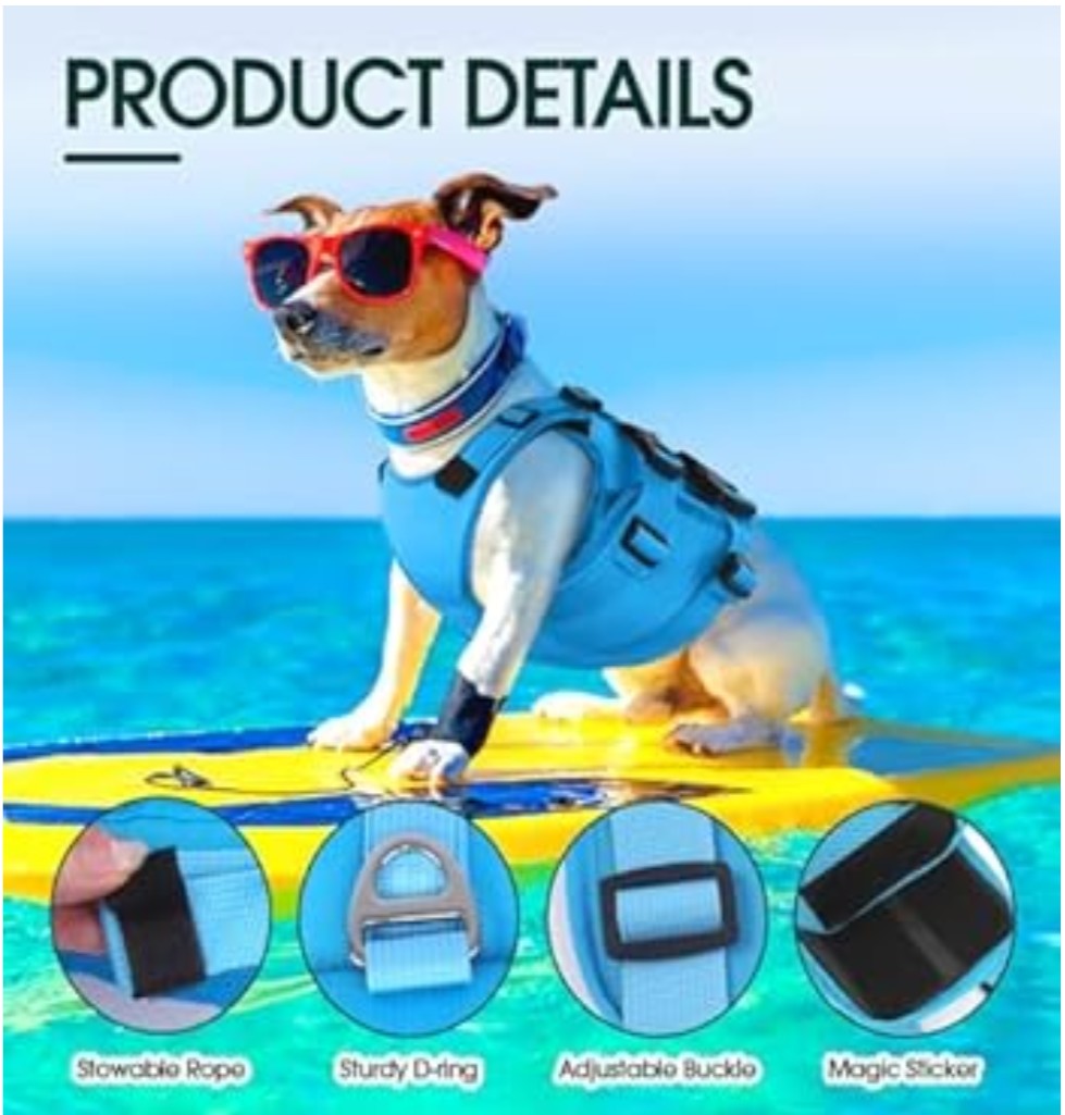 Kuoser Extra Small Life Jacket for Dogs, Life Jacket with Handle and Reflective, Adjustable Dog Life Jacket, Life Jacket for Small Dogs with Improved Buoyancy, Blue, XS
