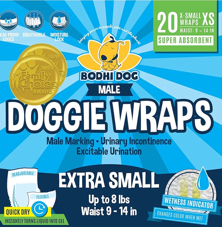 Bodhi Dog Disposable Male Dog Diapers - Super Absorbent, Leak-Proof Pee Wraps - Adjustable Fit, Comfortable Design, Advanced Moisture Control, and Wetness Indicator - Extra Small (20 Count)