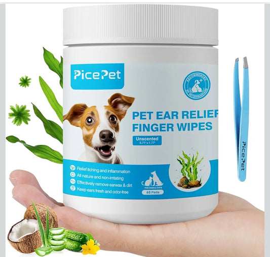 Seaweed Ear Cleaner Wipes for Dogs & Cats - Gentle Finger Wipes for Cleaning Earwax, Debris - Soothe Itching & Inflammation - Unscented, Hypoallergenic & Deodorizing - Made in PRC (60 Pcs)