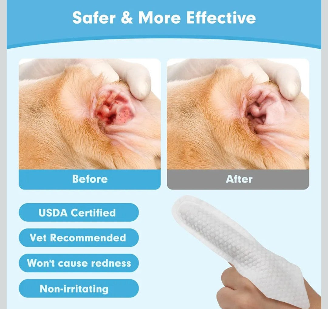 Seaweed Ear Cleaner Wipes for Dogs & Cats - Gentle Finger Wipes for Cleaning Earwax, Debris - Soothe Itching & Inflammation - Unscented, Hypoallergenic & Deodorizing - Made in PRC (60 Pcs)