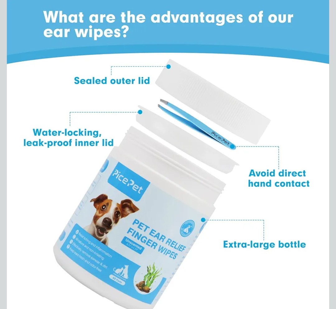 Seaweed Ear Cleaner Wipes for Dogs & Cats - Gentle Finger Wipes for Cleaning Earwax, Debris - Soothe Itching & Inflammation - Unscented, Hypoallergenic & Deodorizing - Made in PRC (60 Pcs)