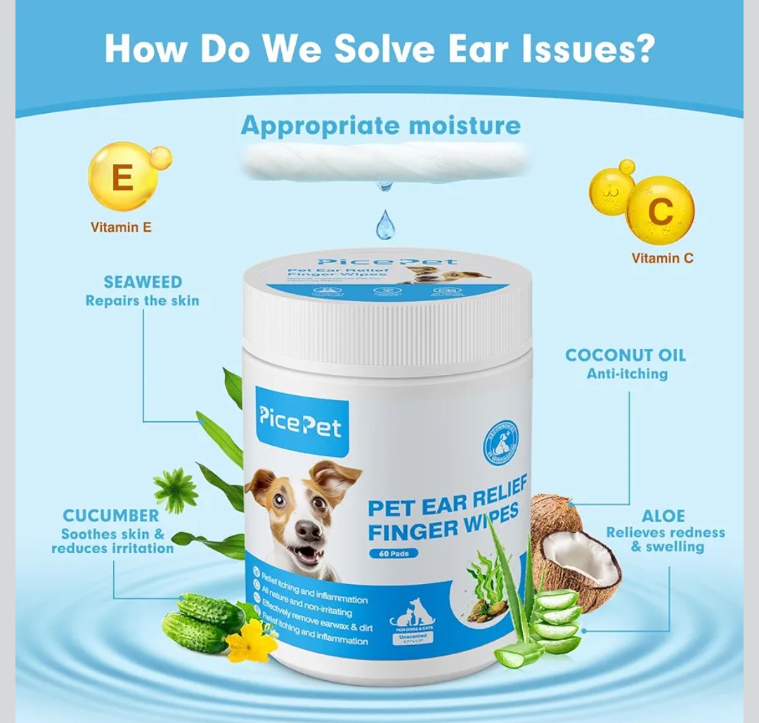Seaweed Ear Cleaner Wipes for Dogs & Cats - Gentle Finger Wipes for Cleaning Earwax, Debris - Soothe Itching & Inflammation - Unscented, Hypoallergenic & Deodorizing - Made in PRC (60 Pcs)