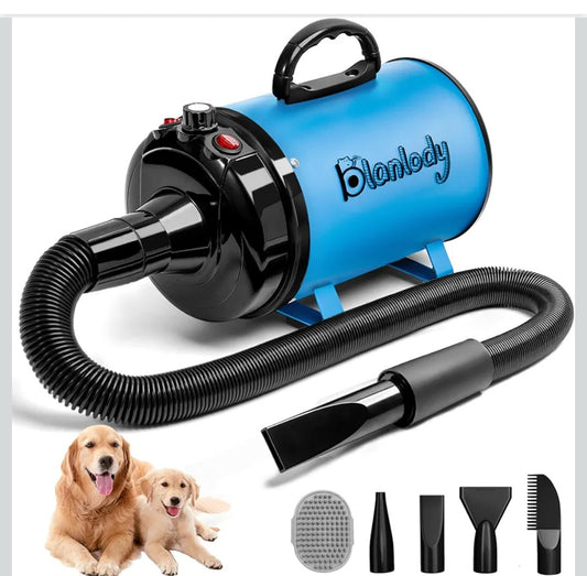 High Velocity Dog Hair Dryer 5.2HP/ 3800W Professional Dogs Blower Grooming Dryer, Adjustable Temperature and Speed Pet Dryers with 4 Nozzles and a Comb, Blue