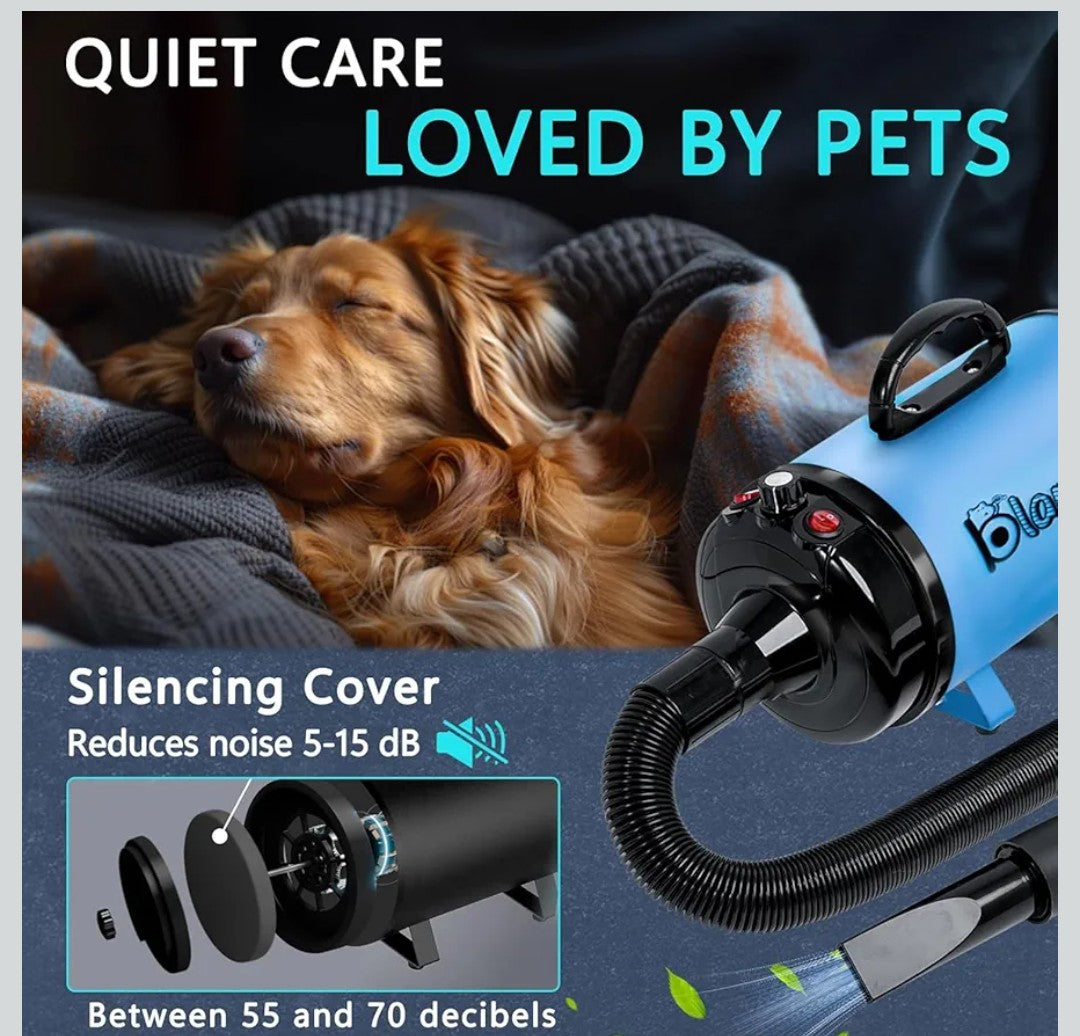 High Velocity Dog Hair Dryer 5.2HP/ 3800W Professional Dogs Blower Grooming Dryer, Adjustable Temperature and Speed Pet Dryers with 4 Nozzles and a Comb, Blue
