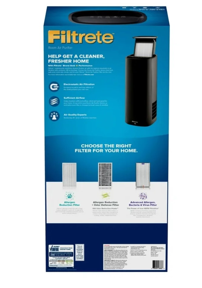 Filtrete by 3M Air Purifier, Large Room Tower, 290 Sq gt Coverage, Black, TRUE HEPA Filter Included
