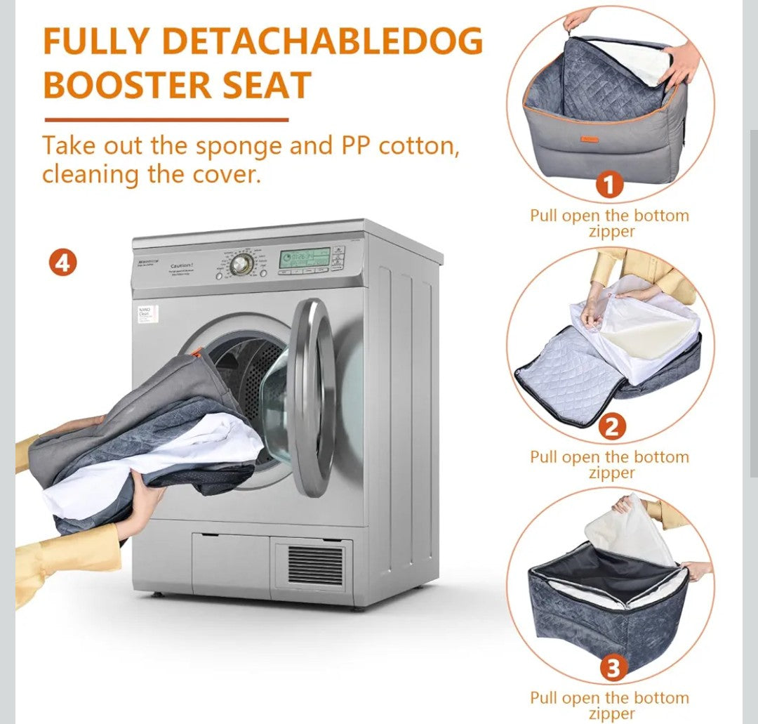 Memory Foam Dog Booster Seat with Washable Removable Cover, Anti-Slip Dog Car Seats for Small Dogs Up to 25lbs, Elevated Pet Car Seat with Storage Pockets, Dog Seat Belt, Travel Dog Car Bed