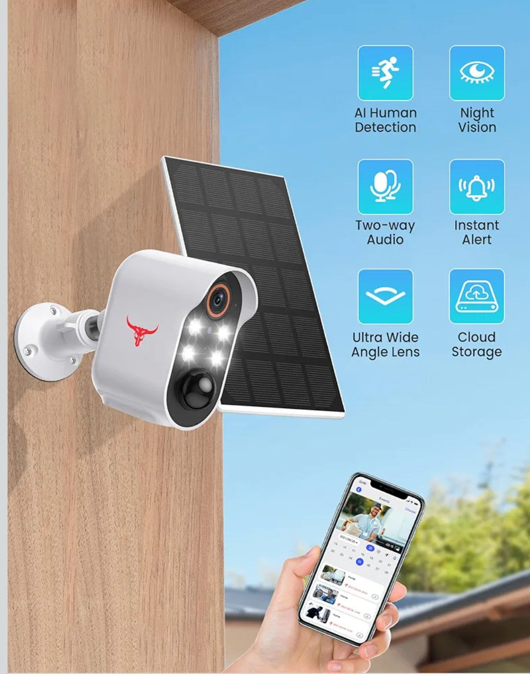 1080p Solar Security Camera, Wireless Indoor/Outdoor Surveillance Bullet Cam, AI Human Detection, Live View, Night Vision, 2-Way Audio, Real-Time Alerts, Cloud Storage