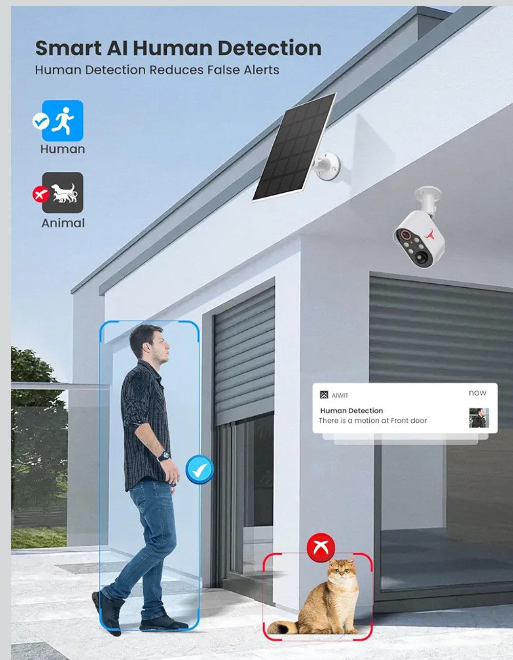 1080p Solar Security Camera, Wireless Indoor/Outdoor Surveillance Bullet Cam, AI Human Detection, Live View, Night Vision, 2-Way Audio, Real-Time Alerts, Cloud Storage