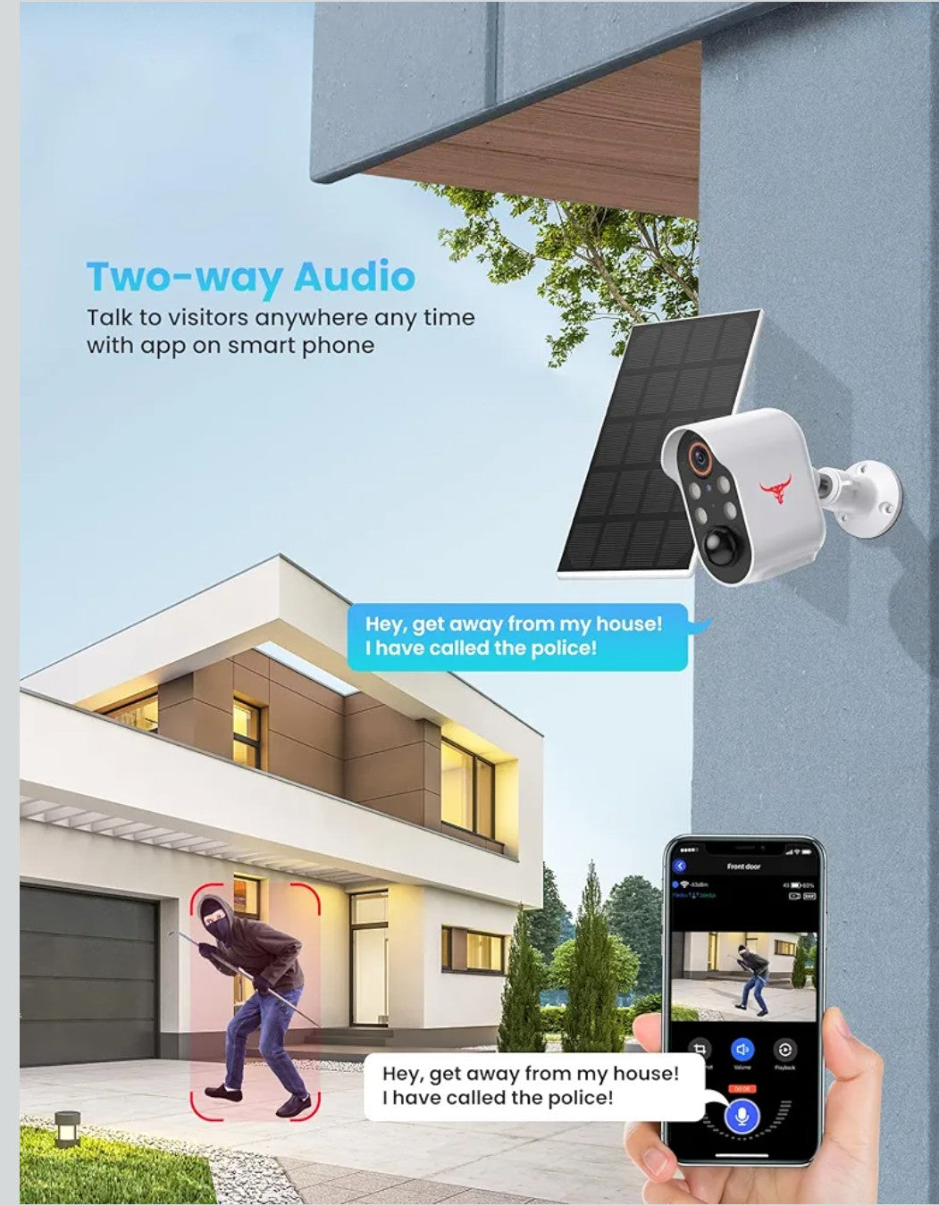 1080p Solar Security Camera, Wireless Indoor/Outdoor Surveillance Bullet Cam, AI Human Detection, Live View, Night Vision, 2-Way Audio, Real-Time Alerts, Cloud Storage