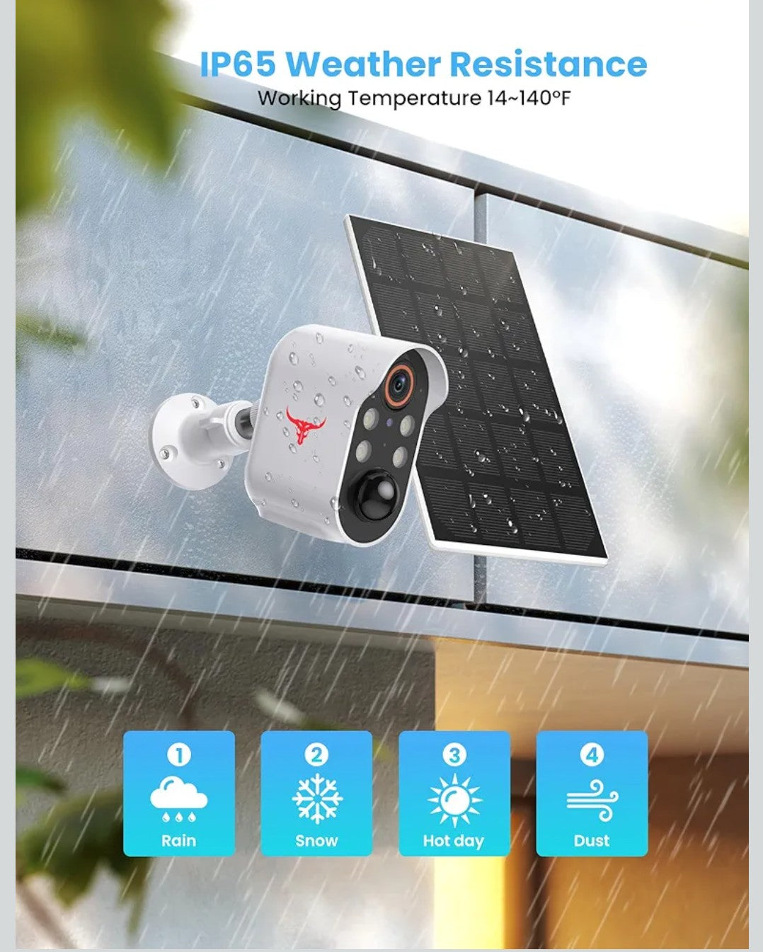 1080p Solar Security Camera, Wireless Indoor/Outdoor Surveillance Bullet Cam, AI Human Detection, Live View, Night Vision, 2-Way Audio, Real-Time Alerts, Cloud Storage