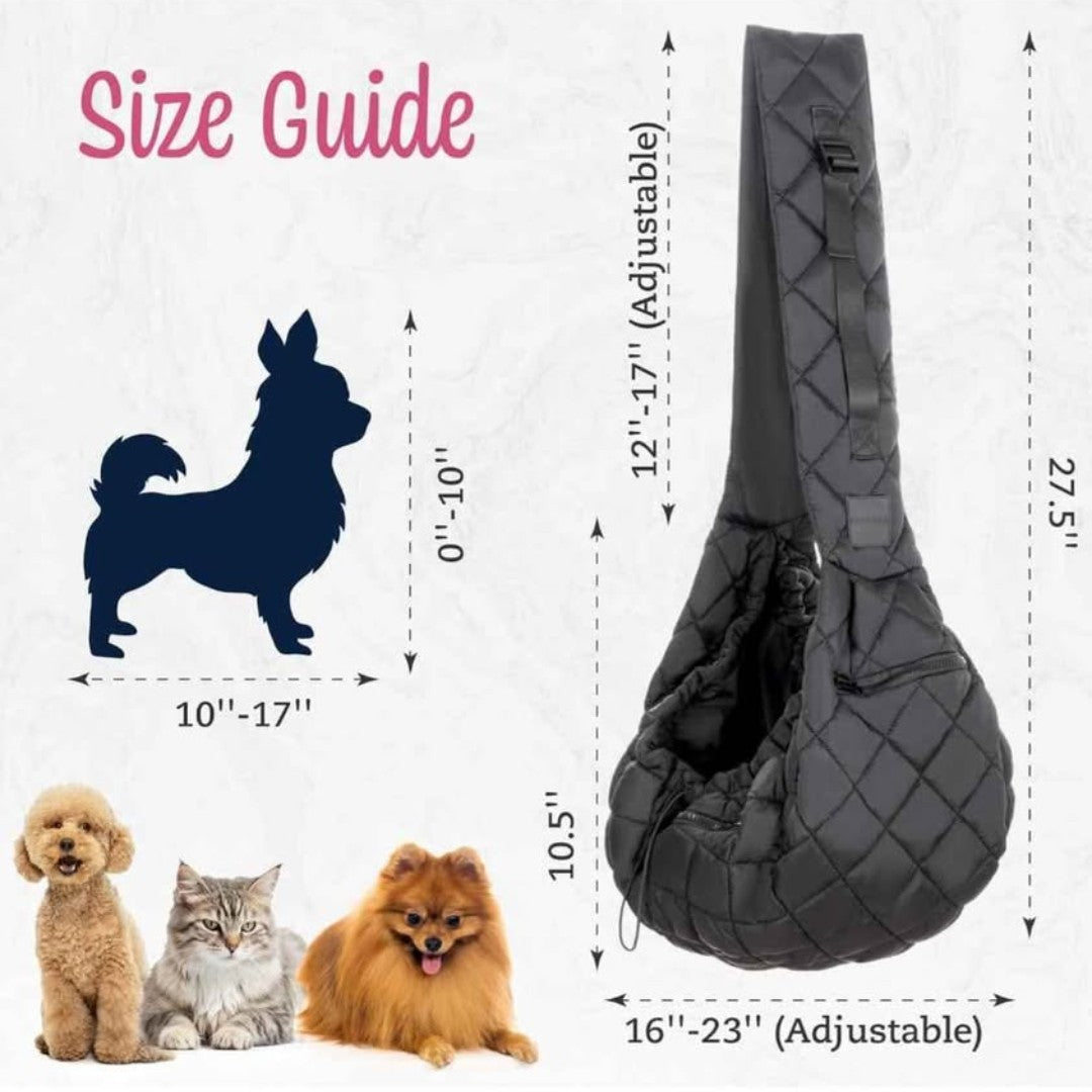 Dog and Cat Sling Carrier for Small Medium Puppy & Kitten Carrying, Wearable Crossbody Purse Bag with Adjustable Size and Shoulder Strap, Safety Clip, Two Zip Pockets (Black)