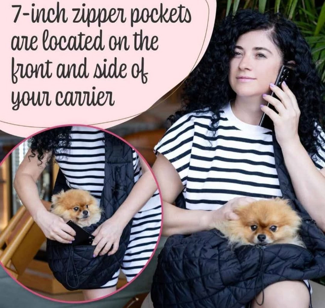 Dog and Cat Sling Carrier for Small Medium Puppy & Kitten Carrying, Wearable Crossbody Purse Bag with Adjustable Size and Shoulder Strap, Safety Clip, Two Zip Pockets (Black)