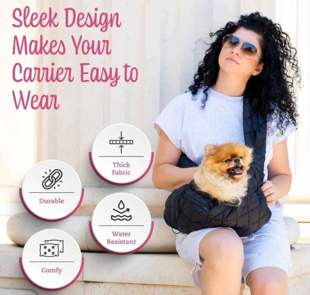 Dog and Cat Sling Carrier for Small Medium Puppy & Kitten Carrying, Wearable Crossbody Purse Bag with Adjustable Size and Shoulder Strap, Safety Clip, Two Zip Pockets (Black)