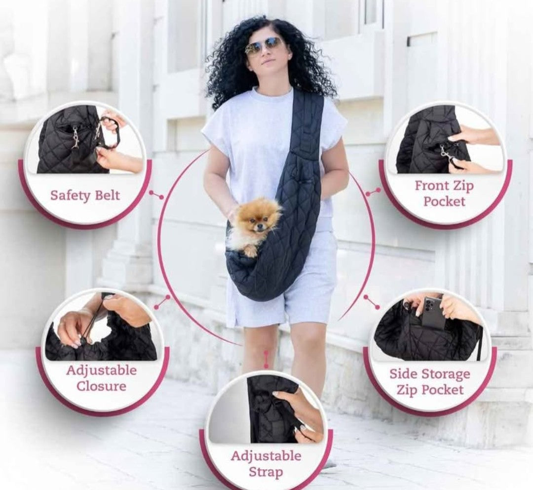 Dog and Cat Sling Carrier for Small Medium Puppy & Kitten Carrying, Wearable Crossbody Purse Bag with Adjustable Size and Shoulder Strap, Safety Clip, Two Zip Pockets (Black)