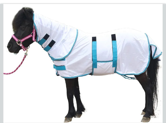 Mini Horse/Small Pony/Miniature Donkey Fly Sheet with Detachable Neck Cover and Belly Band - Lightweight Breathable Mesh Summer Sheet for Foal and Weanling with UV Protection White 38