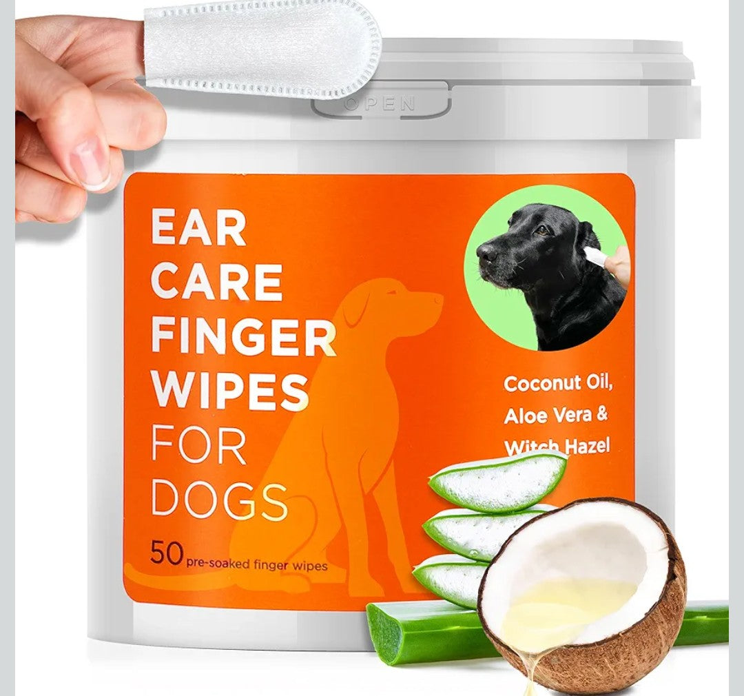 Dog Ear Cleaner Wipes - Vet Formulated Cleanser for Dogs - Ear Itching, Dissolves Wax, Dirt & Odor with Coconut Oil & Aloe Vera (50 Finger Wipes)