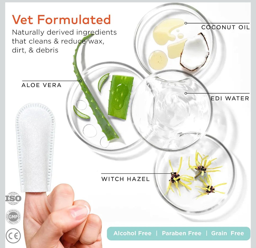Dog Ear Cleaner Wipes - Vet Formulated Cleanser for Dogs - Ear Itching, Dissolves Wax, Dirt & Odor with Coconut Oil & Aloe Vera (50 Finger Wipes)
