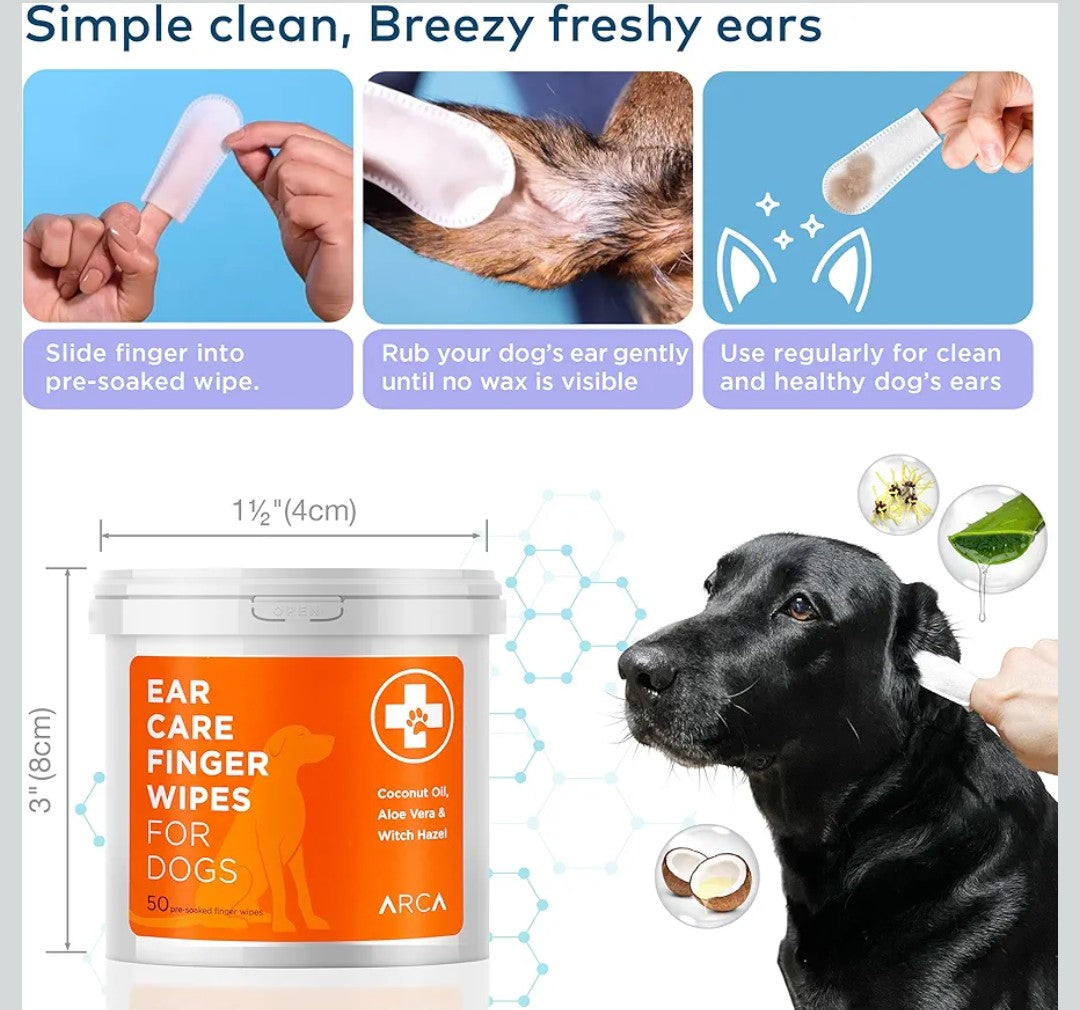 Dog Ear Cleaner Wipes - Vet Formulated Cleanser for Dogs - Ear Itching, Dissolves Wax, Dirt & Odor with Coconut Oil & Aloe Vera (50 Finger Wipes)
