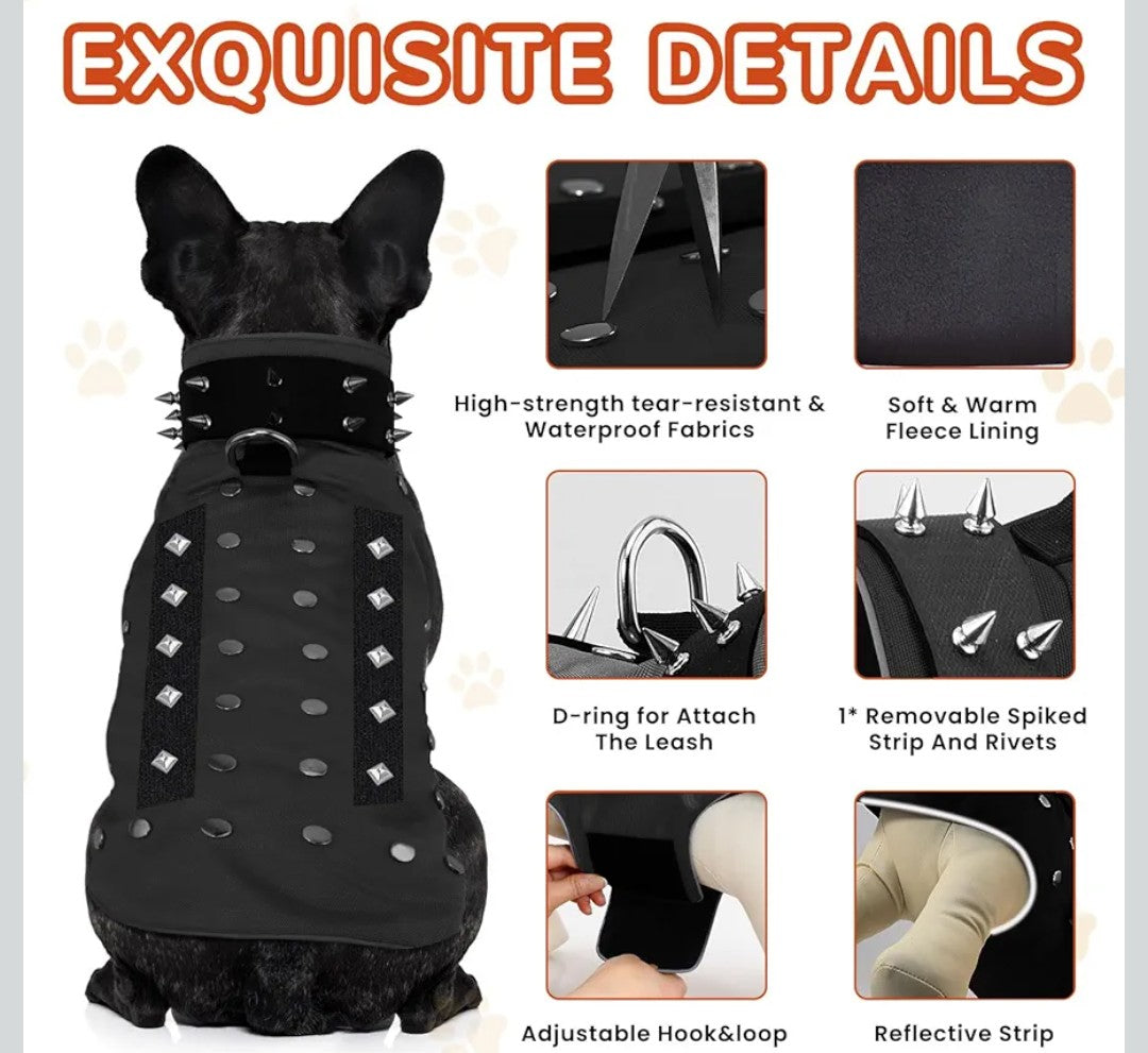 Spike Vest for Small Dogs, Reflective Waterproof Coyote Proof Dog Vest with Rivets and D Ring, Soft Fleece Lining Adjustable Dog Hawk Protection Vest, Prevent Coyote Hawks Attacks XS
