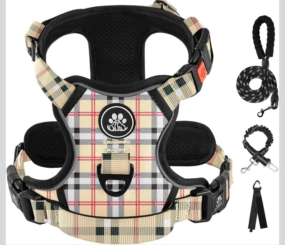 IVY&LANE No Pull Dog Harness with Leash Set, Reflective No Choke Pet Vest,Adjustable Oxford Dog Vest Harness with Easy Control Handle for Small Dogs (Checkered Beige,S)