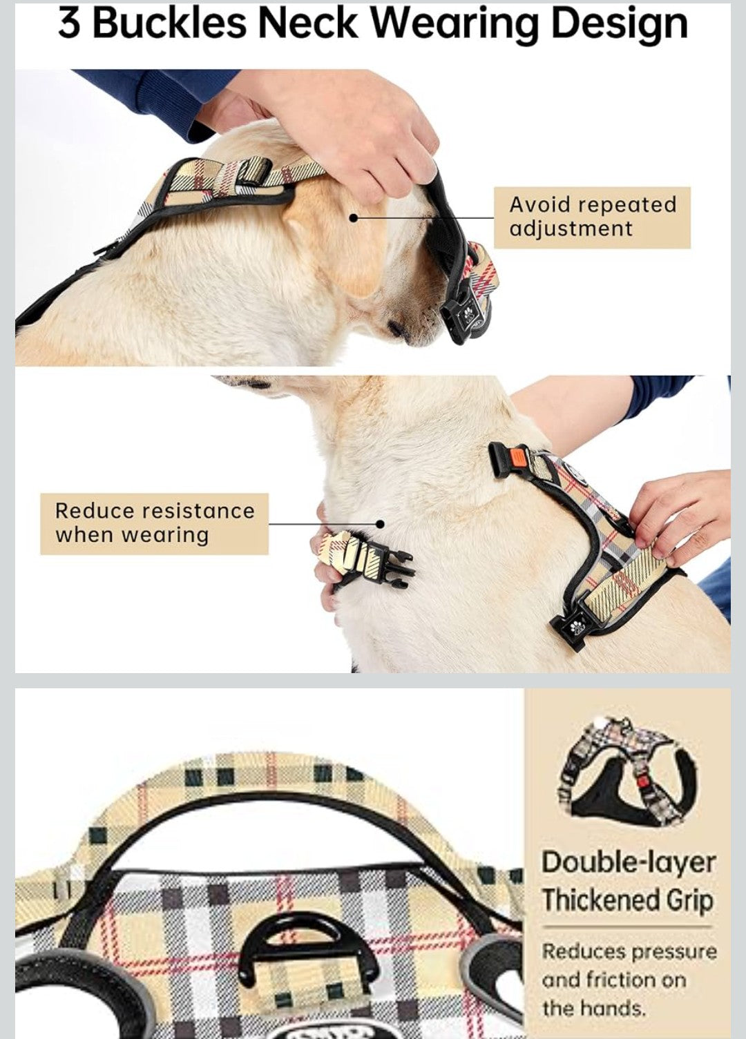 IVY&LANE No Pull Dog Harness with Leash Set, Reflective No Choke Pet Vest,Adjustable Oxford Dog Vest Harness with Easy Control Handle for Small Dogs (Checkered Beige,S)