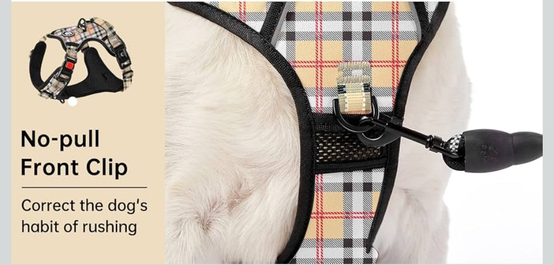 IVY&LANE No Pull Dog Harness with Leash Set, Reflective No Choke Pet Vest,Adjustable Oxford Dog Vest Harness with Easy Control Handle for Small Dogs (Checkered Beige,S)