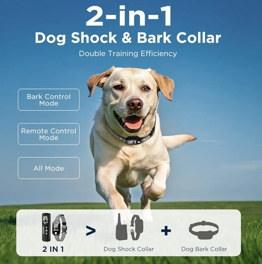 2 in 1 Dog Shock Collar & Dog Bark Collar, 4200 FT Dog Training Collar with Remote,3 Training Modes & Light for Night Walks,IP67 Waterproof Smart Anti Barking E-Collar with Adjustable Sensitivity