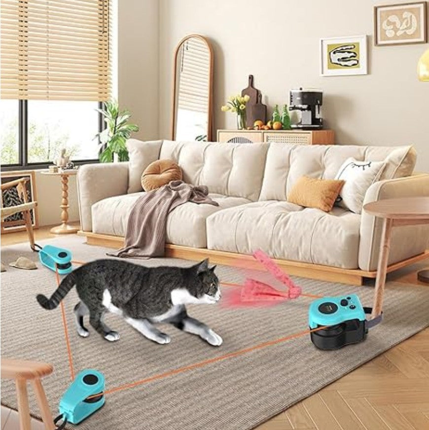 Automatic Cat Toy with 3 Anchors - Interactive Shape-Chasing Game for Indoor Cats, Mimics Real Mouse Sounds, 3 Speed Levels for Exercise & Boredom Relief, Durable Chew-Proof Design (Blue)