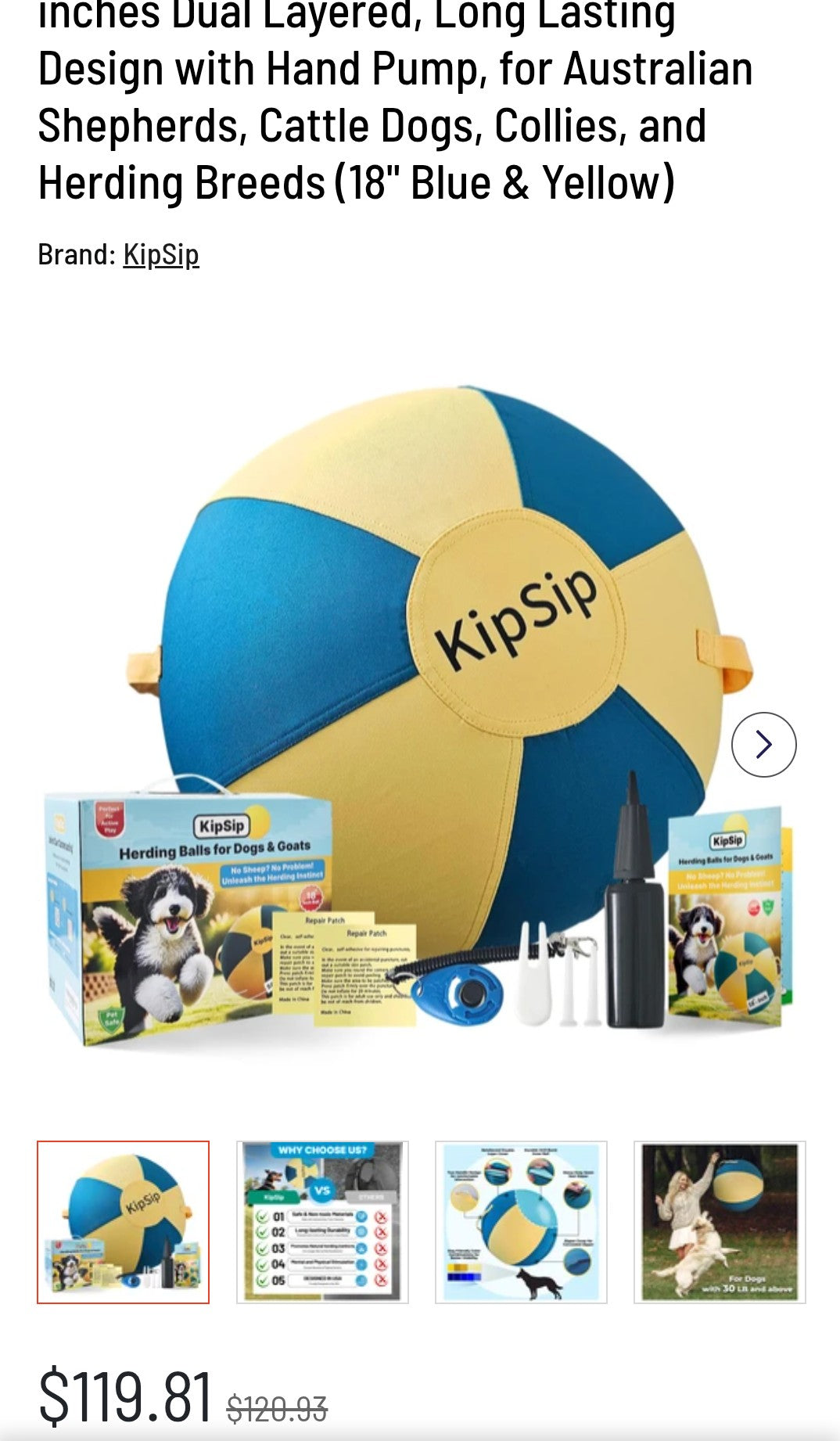 KipSip Herding Ball for Dogs – 18” Heavy-Duty Exercise Toy