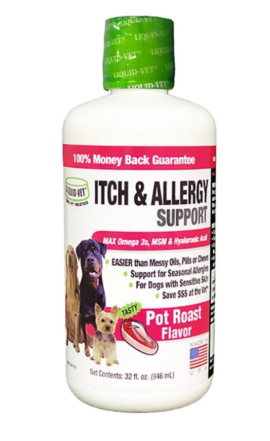 Liquid-Vet K9 Itch and Allergy Support Skin and Coat Supplement for Dogs, Pot Roast Flavor, 32 oz.