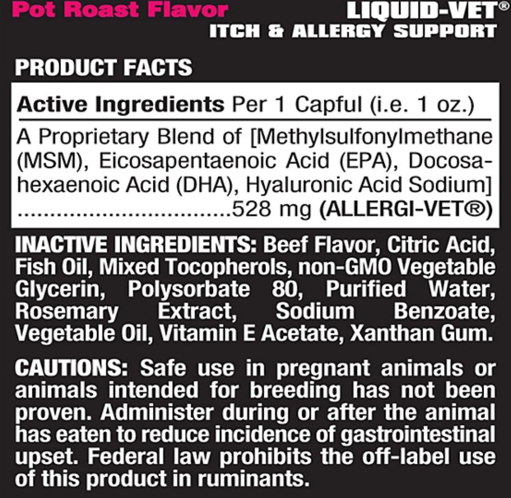 Liquid-Vet K9 Itch and Allergy Support Skin and Coat Supplement for Dogs, Pot Roast Flavor, 32 oz.