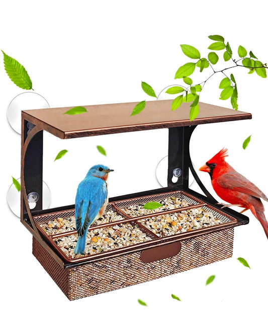Window Bird Feeder with Strong Suction Cups, Metal Bird Feeders for Outdoors Birdwatching Gifts for Cats & Nature Lovers