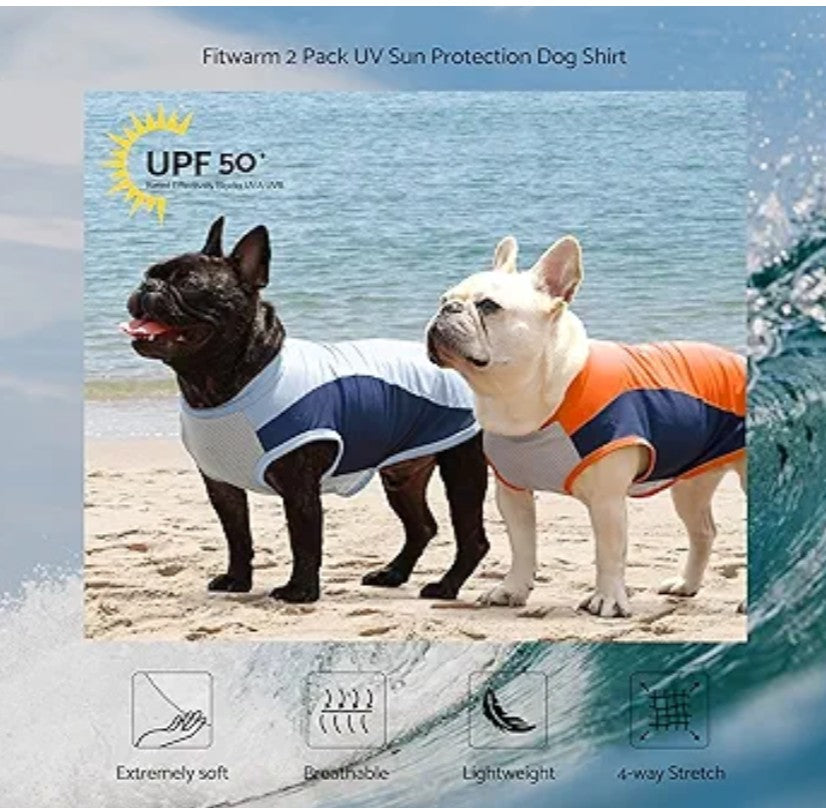 Fitwarm 2 Pack UPF 50+ UV Sun Protection Dog Shirt, Quick Dry Summer Dog Clothes for Small Dogs Boy Girl, Reflective Label, Lightweight Breathable Cooling Vest, Pet Cat Outfit, Orange, Blue, LARGE