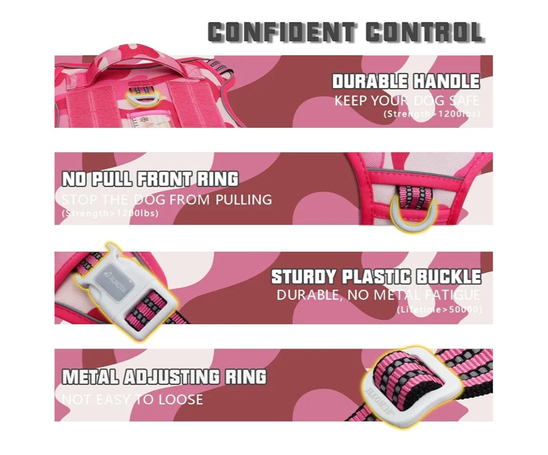 Auroth Tactical Pet Harness for Medium Dogs No Pull Adjustable, Reflective K9 Working Training Easy Control Vest Military Service Dog, Medium, Pink Camo