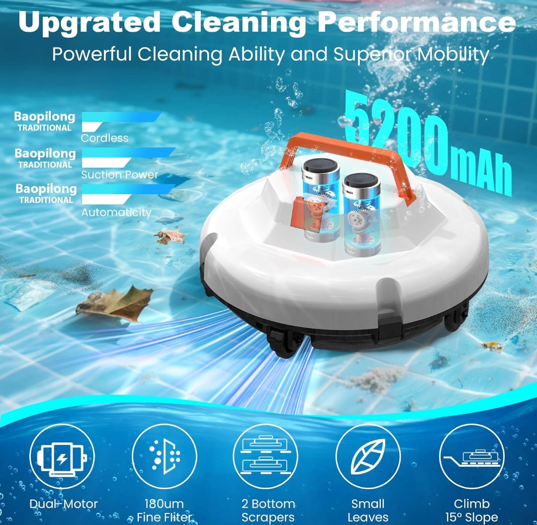 2025 Cordless Robotic Pool Cleaner - 120 Mins Automatic Pool Vacuum for Above Ground Pool & In - Ground Flat Pools up to 1000 Sq.Ft, Robot Pool Cleaner with Self - Parking Tech