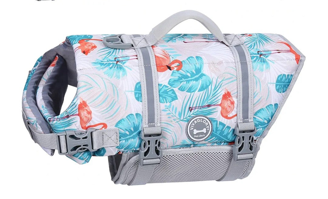 VIVAGLORY Rip Stop Dog Life Vest, Swimming Vest with Handle, Buoyancy for Doggy Puppy, Dog Life Jacket for Swimming & Boating, M, Leaves Blue