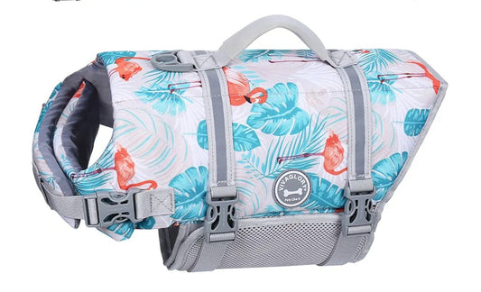 VIVAGLORY Rip Stop Dog Life Vest, Swimming Vest with Handle, Buoyancy for Doggy Puppy, Dog Life Jacket for Swimming & Boating, M, Leaves Blue