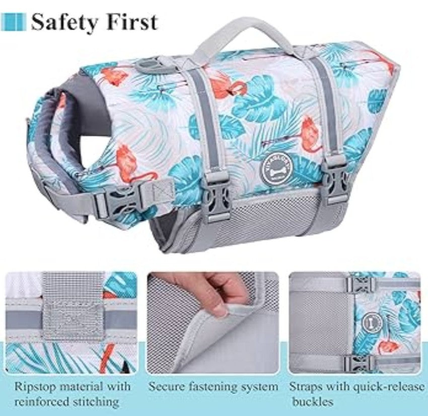 VIVAGLORY Rip Stop Dog Life Vest, Swimming Vest with Handle, Buoyancy for Doggy Puppy, Dog Life Jacket for Swimming & Boating, M, Leaves Blue