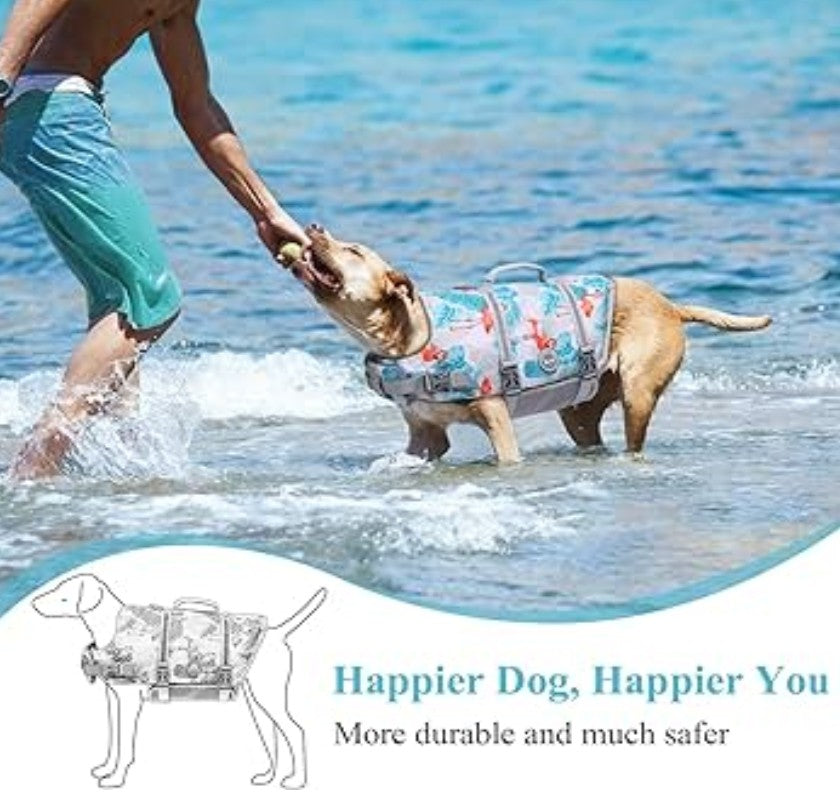 VIVAGLORY Rip Stop Dog Life Vest, Swimming Vest with Handle, Buoyancy for Doggy Puppy, Dog Life Jacket for Swimming & Boating, M, Leaves Blue