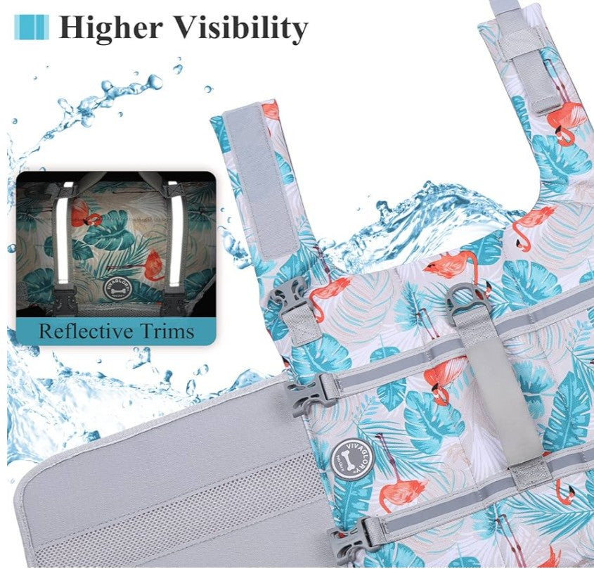 VIVAGLORY Rip Stop Dog Life Vest, Swimming Vest with Handle, Buoyancy for Doggy Puppy, Dog Life Jacket for Swimming & Boating, M, Leaves Blue