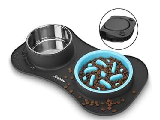 Slow Feeder Dog Bowls 3 in 1 Stainless Steel Food and Water Bowls with Non-Spill and Skid Silicone Mat to Slow Down Eating for Large Medium Small Breed Size Dogs and Cats