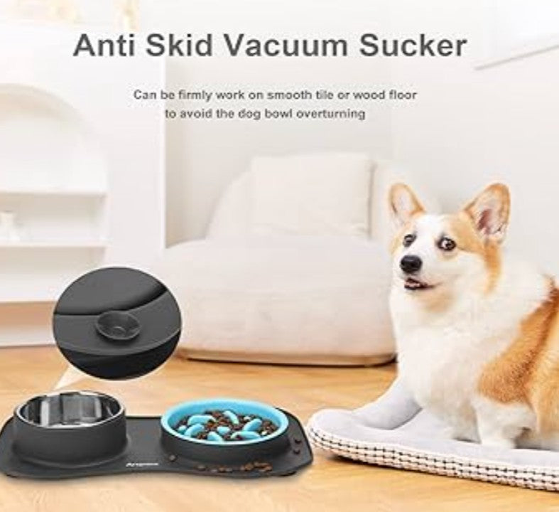 Slow Feeder Dog Bowls 3 in 1 Stainless Steel Food and Water Bowls with Non-Spill and Skid Silicone Mat to Slow Down Eating for Large Medium Small Breed Size Dogs and Cats