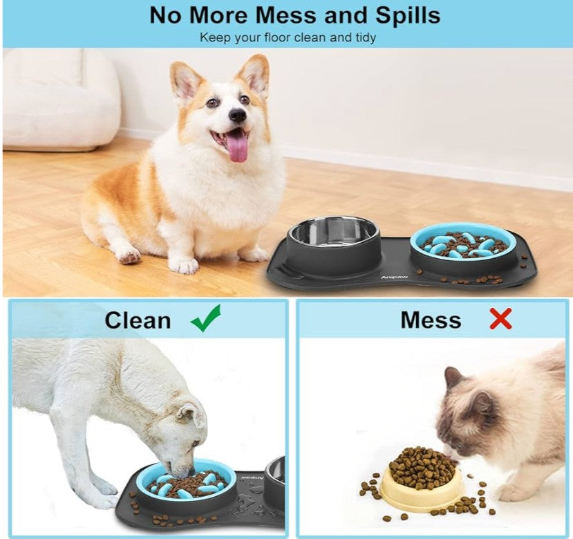 Slow Feeder Dog Bowls 3 in 1 Stainless Steel Food and Water Bowls with Non-Spill and Skid Silicone Mat to Slow Down Eating for Large Medium Small Breed Size Dogs and Cats