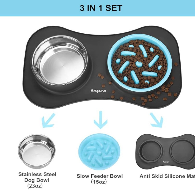 Slow Feeder Dog Bowls 3 in 1 Stainless Steel Food and Water Bowls with Non-Spill and Skid Silicone Mat to Slow Down Eating for Large Medium Small Breed Size Dogs and Cats