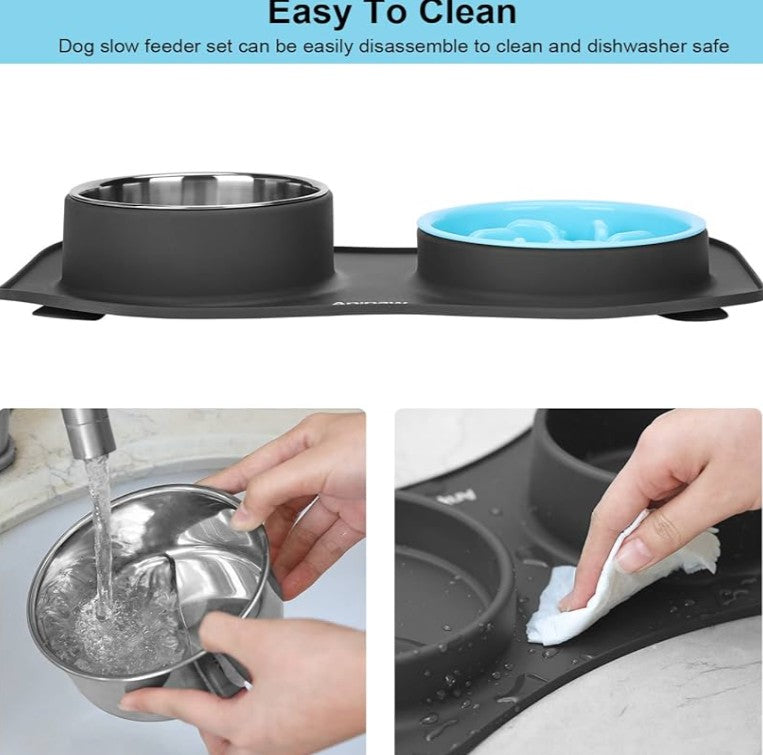 Slow Feeder Dog Bowls 3 in 1 Stainless Steel Food and Water Bowls with Non-Spill and Skid Silicone Mat to Slow Down Eating for Large Medium Small Breed Size Dogs and Cats