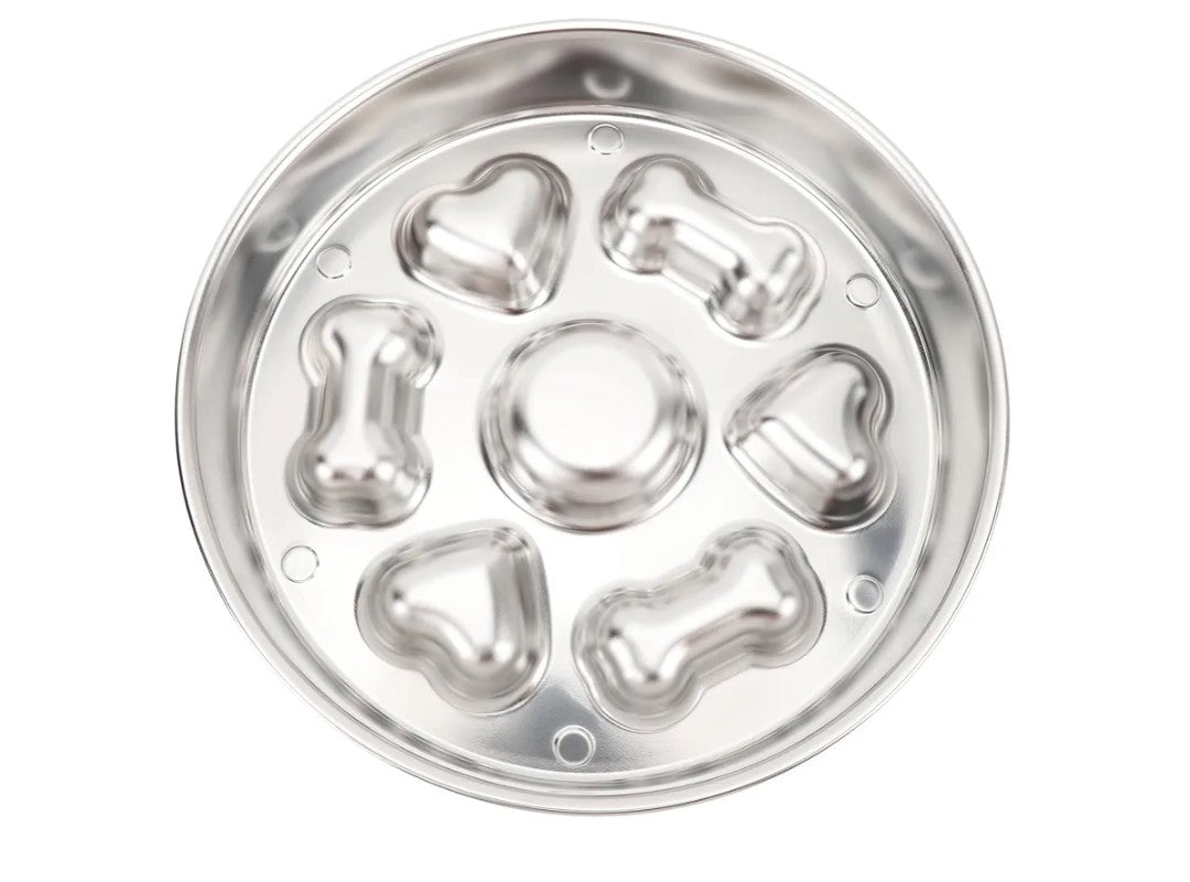 Slow Feeder Dog Bowl, 2 Cups 4mm Thickness Stainless Steel Slow Feed Bowl Anti Slip Large Capacity Dog Slow Feeding Bowl Enhanced Health Slow Down (Round Shape Bone Heart Style