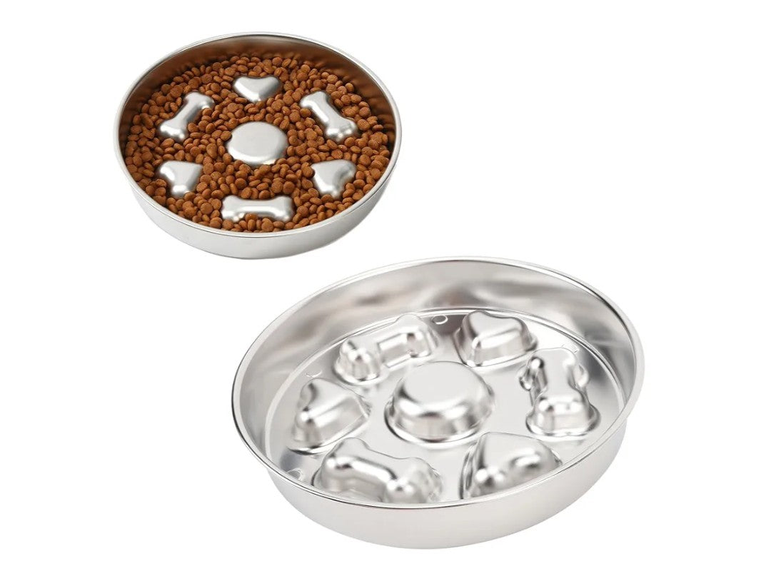 Slow Feeder Dog Bowl, 2 Cups 4mm Thickness Stainless Steel Slow Feed Bowl Anti Slip Large Capacity Dog Slow Feeding Bowl Enhanced Health Slow Down (Round Shape Bone Heart Style