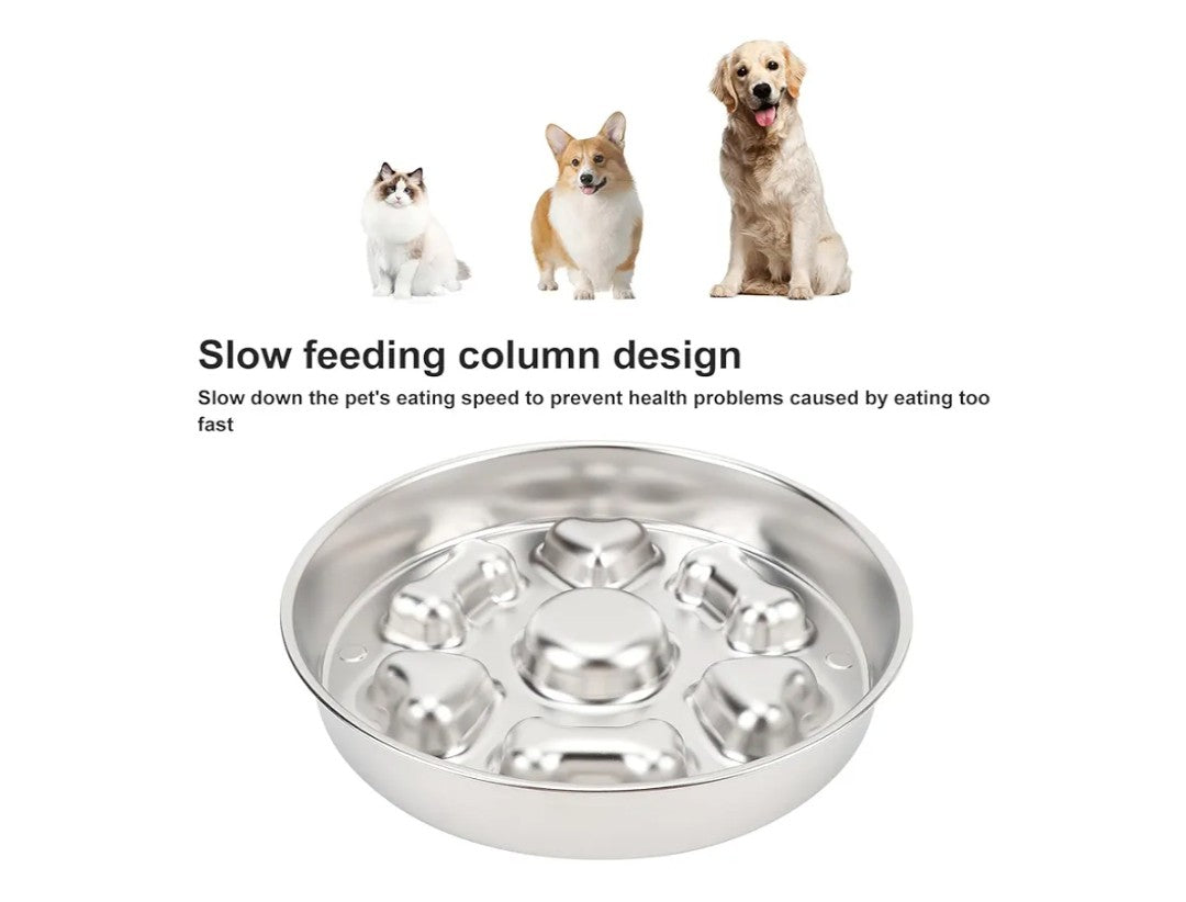 Slow Feeder Dog Bowl, 2 Cups 4mm Thickness Stainless Steel Slow Feed Bowl Anti Slip Large Capacity Dog Slow Feeding Bowl Enhanced Health Slow Down (Round Shape Bone Heart Style