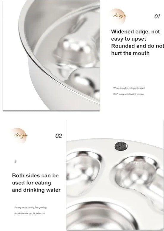 Slow Feeder Dog Bowl, 2 Cups 4mm Thickness Stainless Steel Slow Feed Bowl Anti Slip Large Capacity Dog Slow Feeding Bowl Enhanced Health Slow Down (Round Shape Bone Heart Style