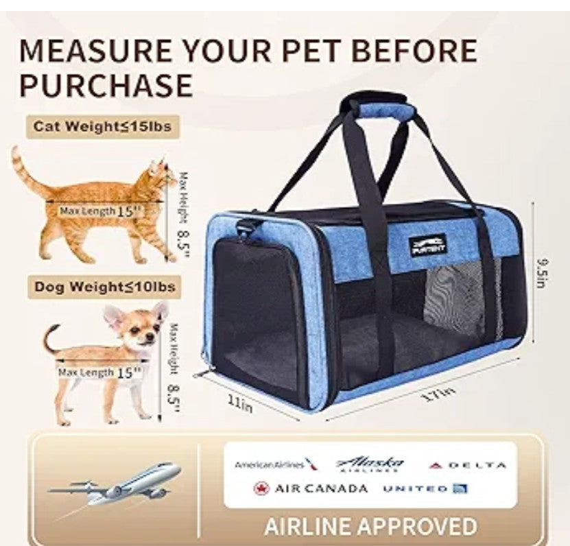 TSA Airline Approved Pet Carrier for Cats and Small Dogs - Soft Sided, Foldable, Cat Dog Carrier Fits Pets Up to 15 lbs - Ideal for Travel, Car Rides, and Vet Visits - Dark Blue